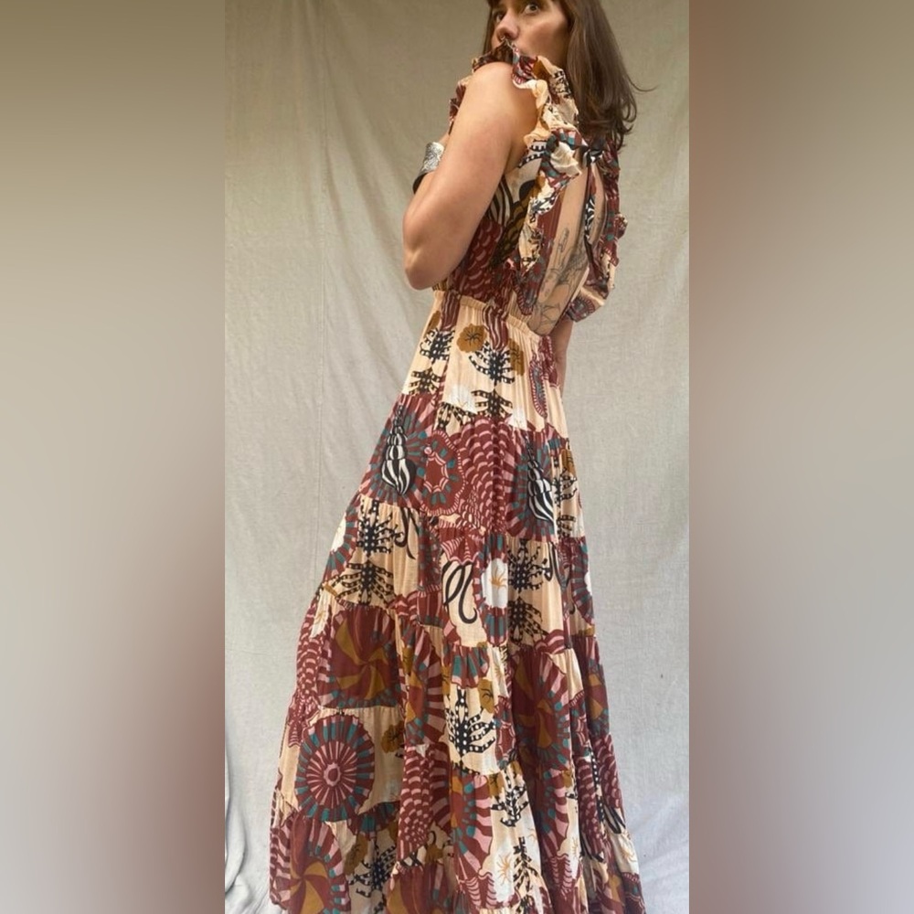 Scotch & Soda Sun Ray Guest/Party Hi Ruffle Neck Open Back Seascape Tier Maxi S